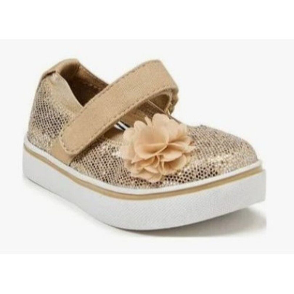 Toddler Girl's Golden Glitter Mary Jane Shoes With Flower Strap Size 3